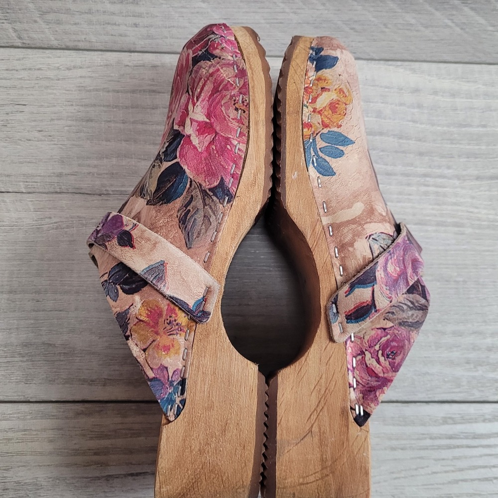 🌸Moheda Sweden Floral Leather Wooden Clogs Women 40 /US 9-9.5 (c-video) - Picture 11 of 16